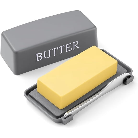 Butter Holder With Cover And Knife,Food Grade Plastic Butter Dishes With Lid And Spreader,Grey Cheese Storage Container For Countertop
