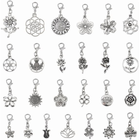 50Pcs Clip on Charm Pendants 25 Styles Silver Flower Charms with Lobster Clasps Floral Alloy Zipper Pendant for Bag Purse Keychain Jewelry Making DIY Crafts Multi-color DIY