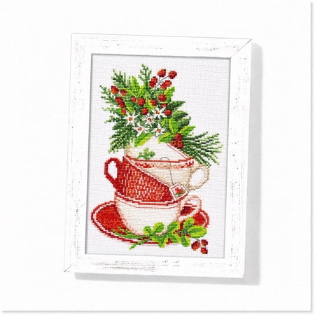 Victorian Tea Cup Herb Stitchery Kit - Aromatic Cross Stitch Set for Adults, DIY Embroidery Kitchen Decor