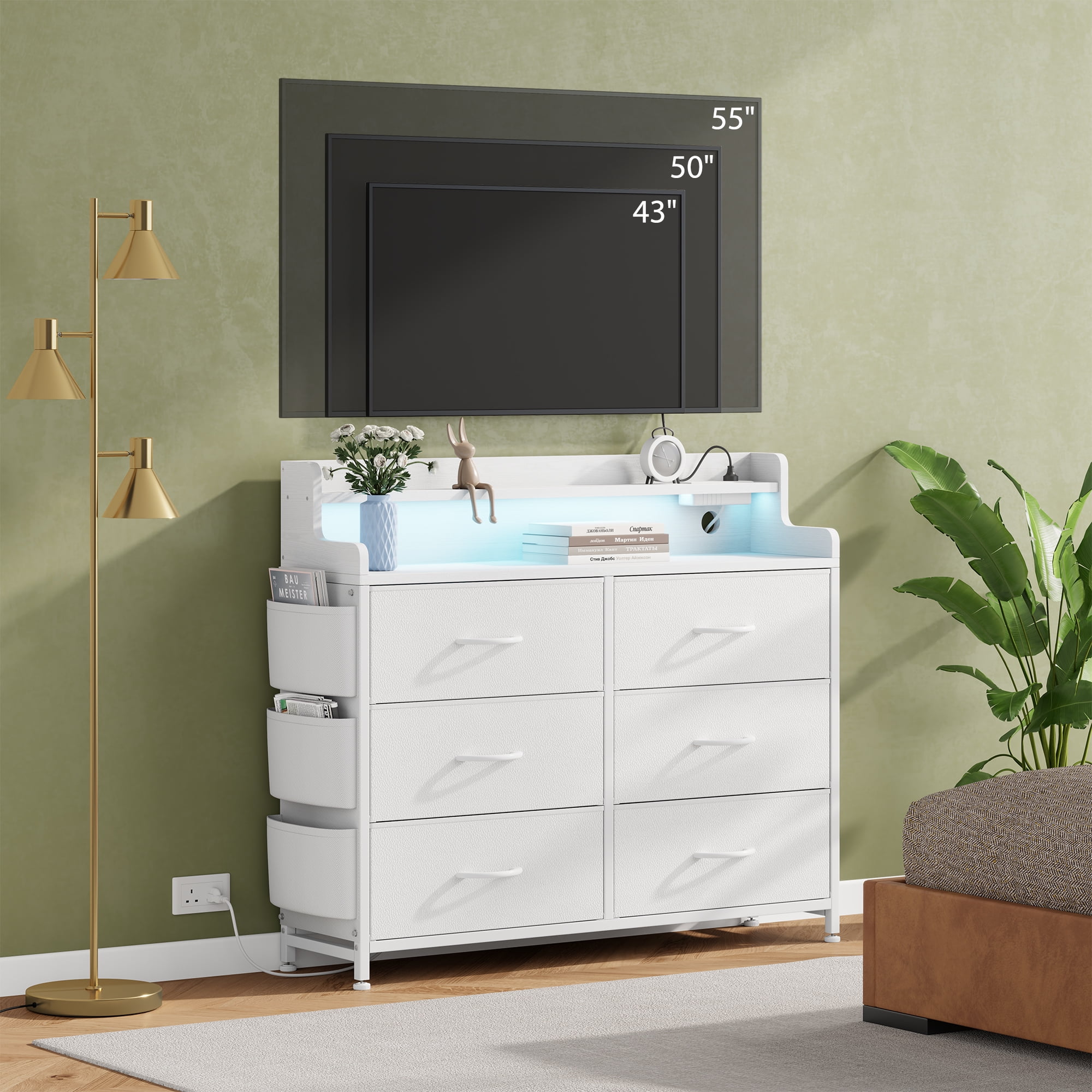 GIKPAL White Dresser for Bedroom 6 Drawers - Fabric Dressers for Bedroom with LED Light & Charging Station - Chest of Drawers for Living Room Hallway Closet,White
