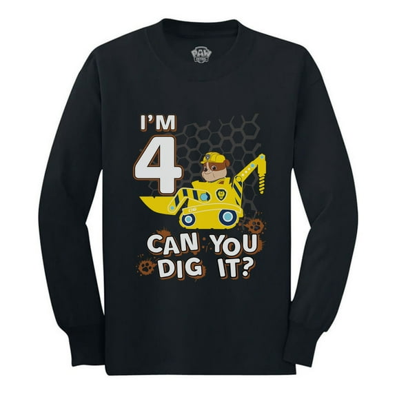 Tstars Boys Unisex 4th Birthday Gift Tshirt Birthday Gift for 4 Year Old Official Paw Patrol Rubble Tractor Birthday Shirts for Boy B Day Birthday Party Toddler Kids Long Sleeve T Shirt