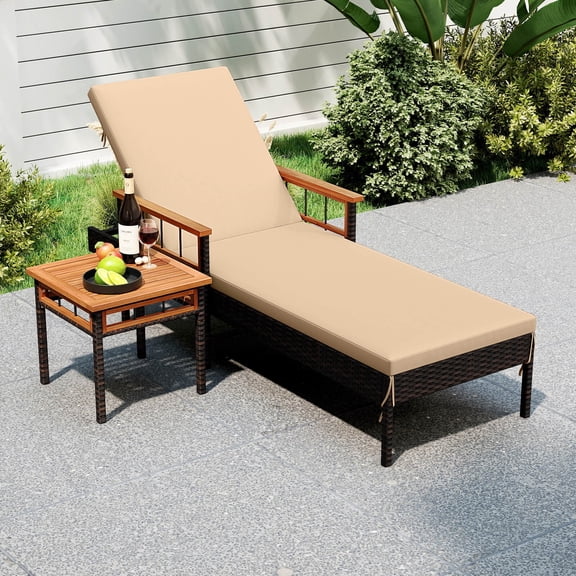 Costway 2-Piece Patio Rattan Chaise Lounge with Side Table Outdoor Reclining Chair Set Mix Brown,Beige
