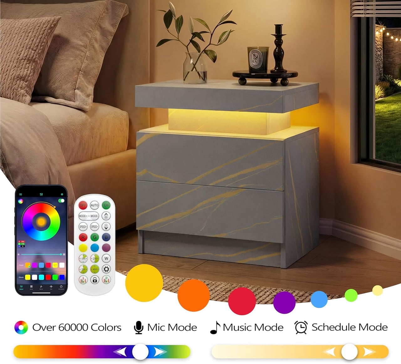 Howcool LED Nightstand Set of 2, 2 Drawer Bedside Side Table with LED Lights for Bedroom Living Room