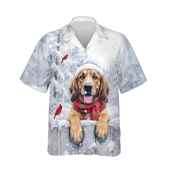 Playful Bloodhound Welcomes Winter Snowy Day with Cardinal Bird Hawaiian Shirt Breathable Summer Unisex Merch Dog Lover - 2017