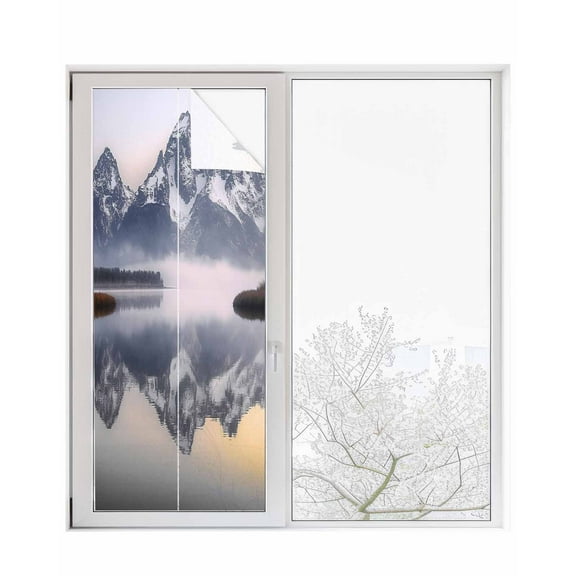 Window Privacy Film Grey Mountain Stained Glass Window Film Decorative Sun Block Window Cover Forest Modern Art Farmhouse Window Clings Static Adhesive Sticker for Bathroom 29.5"x78.7"