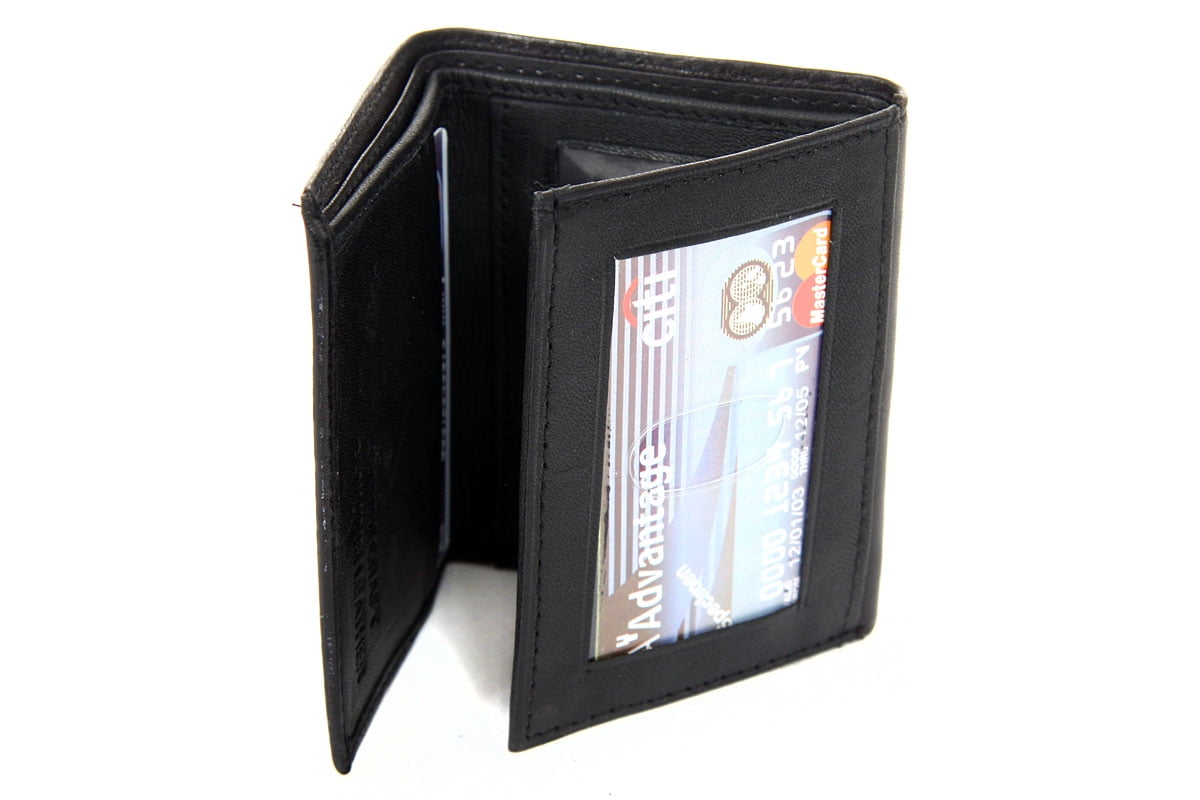 Men's Trifold 6 Credit Card 2 ID Mens Leather Wallet Black Wallet 3 x 4