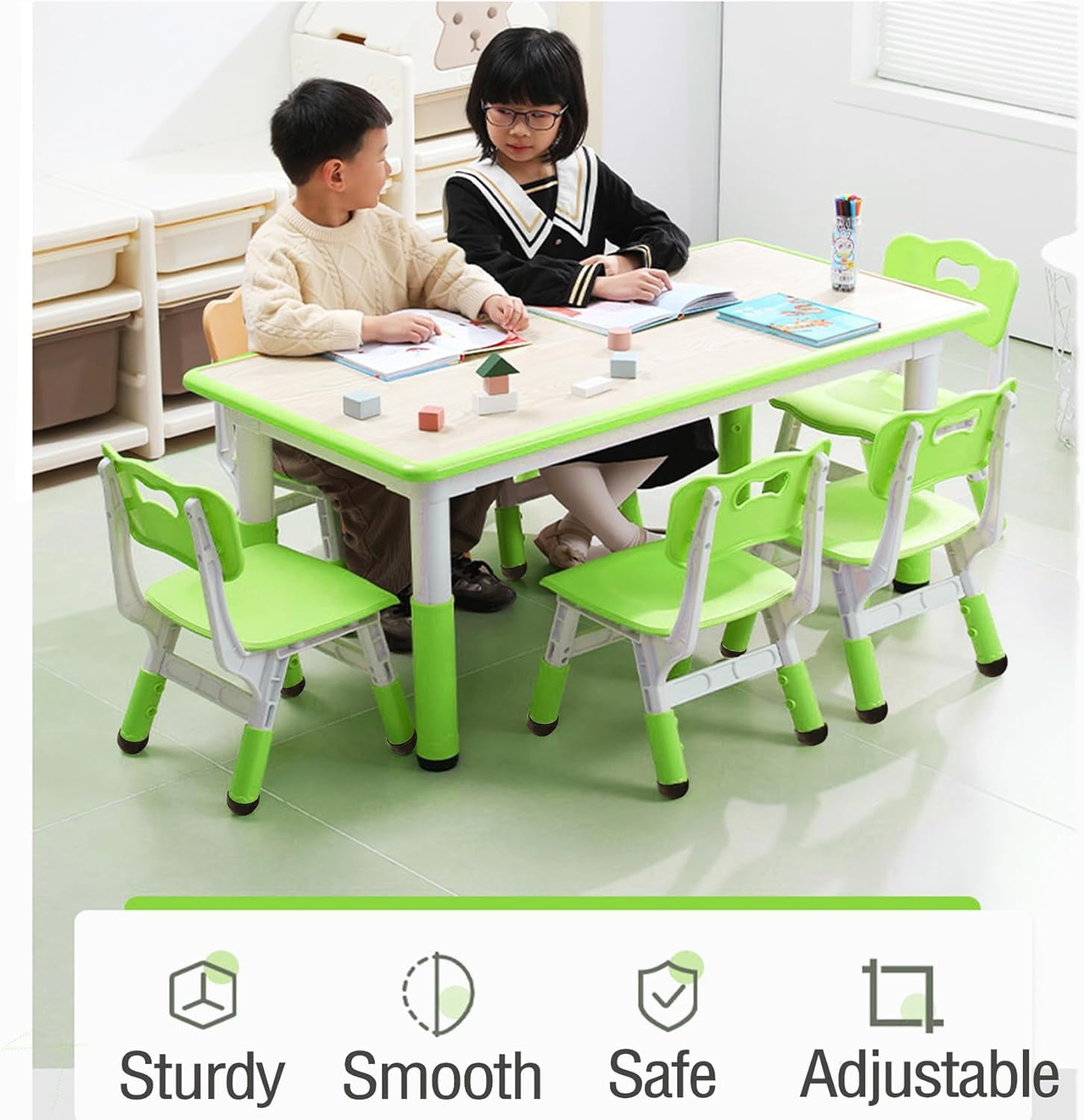 FunsLane Kids Table and Chairs Set, Height Adjustable Desk with 6 Seats for Ages 2-10,Arts & Crafts Table,Graffiti Desktop, Non-Slip Legs, Max 300lbs, Children Multi-Activity Table for Classrooms