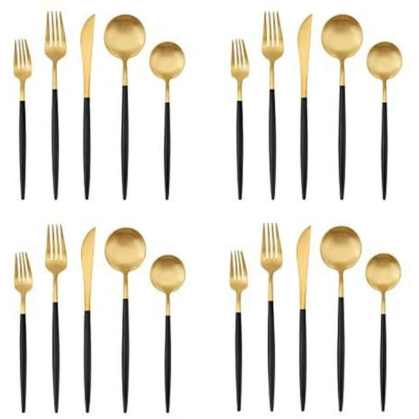 Matte Gold Silverware Set with black handle Bysta 20Piece Stainless