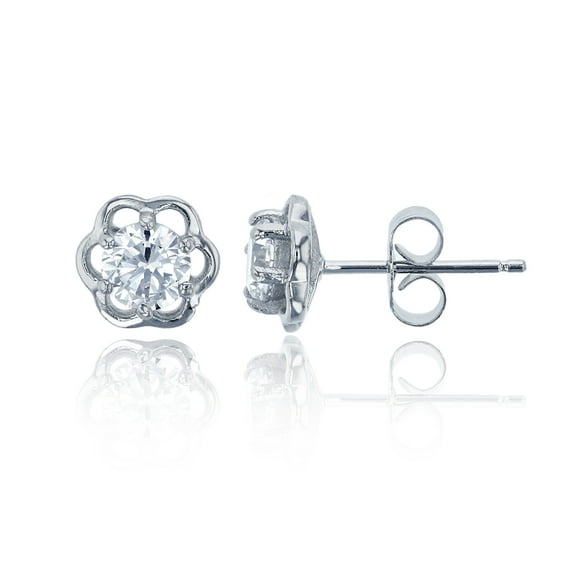 Decadence Sterling Silver Rhodium 5mm Round Cut Flower Solitaire Stud Earring