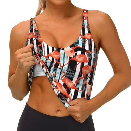 Qokaie Cool Flamingo Pattern Womens Scoop Neck Sports Bra Breathable Workout Vest Padded U Back Medium Impact Fitness Gym Yoga Bra Workout Crop Top