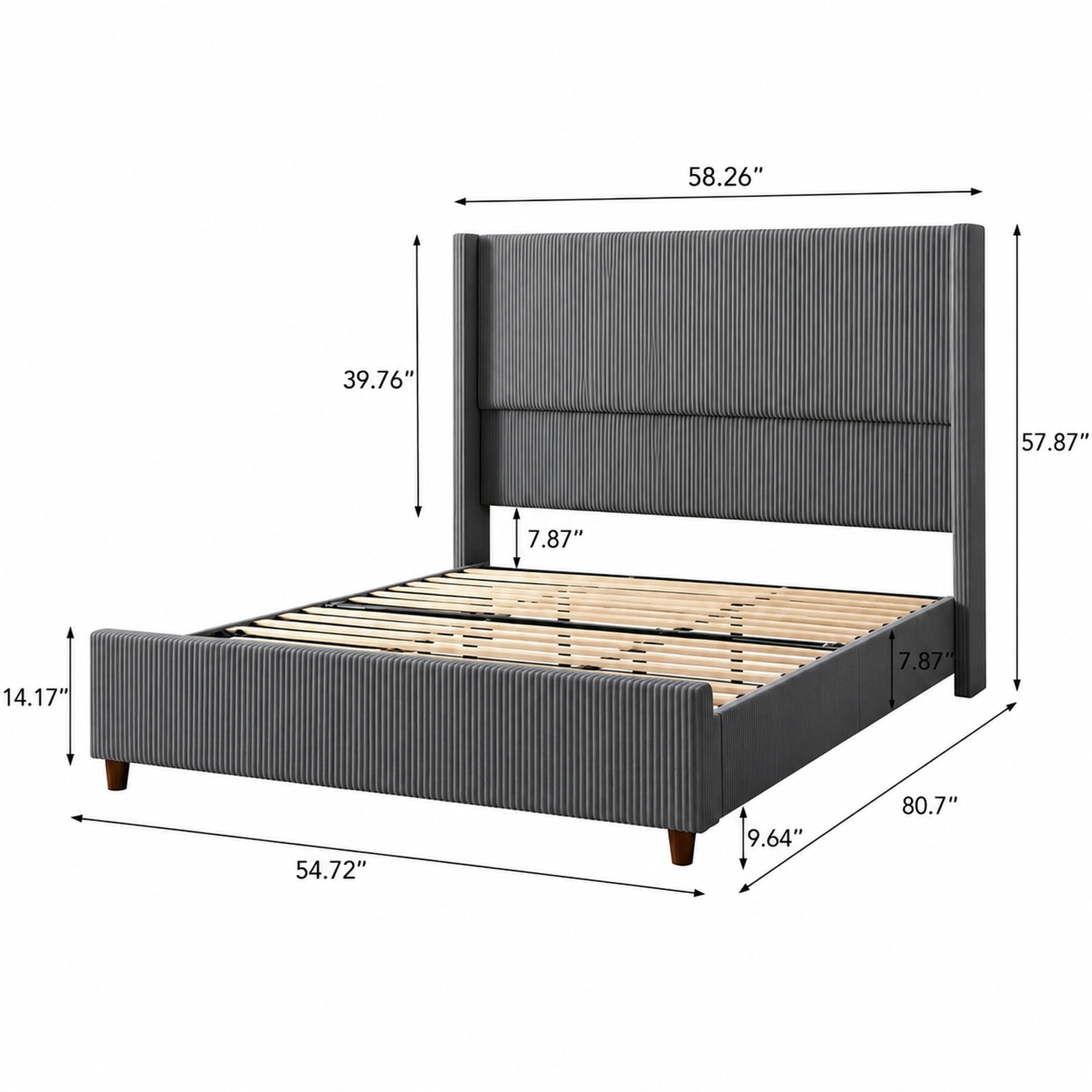 Leumius Full Size Bed Frame with Padded Headboard, Luxury Thick Base Bed with Extra-high Wingback Vertical Stripes, Sturdy Solid Wood Slats and Legs,Dark Gray