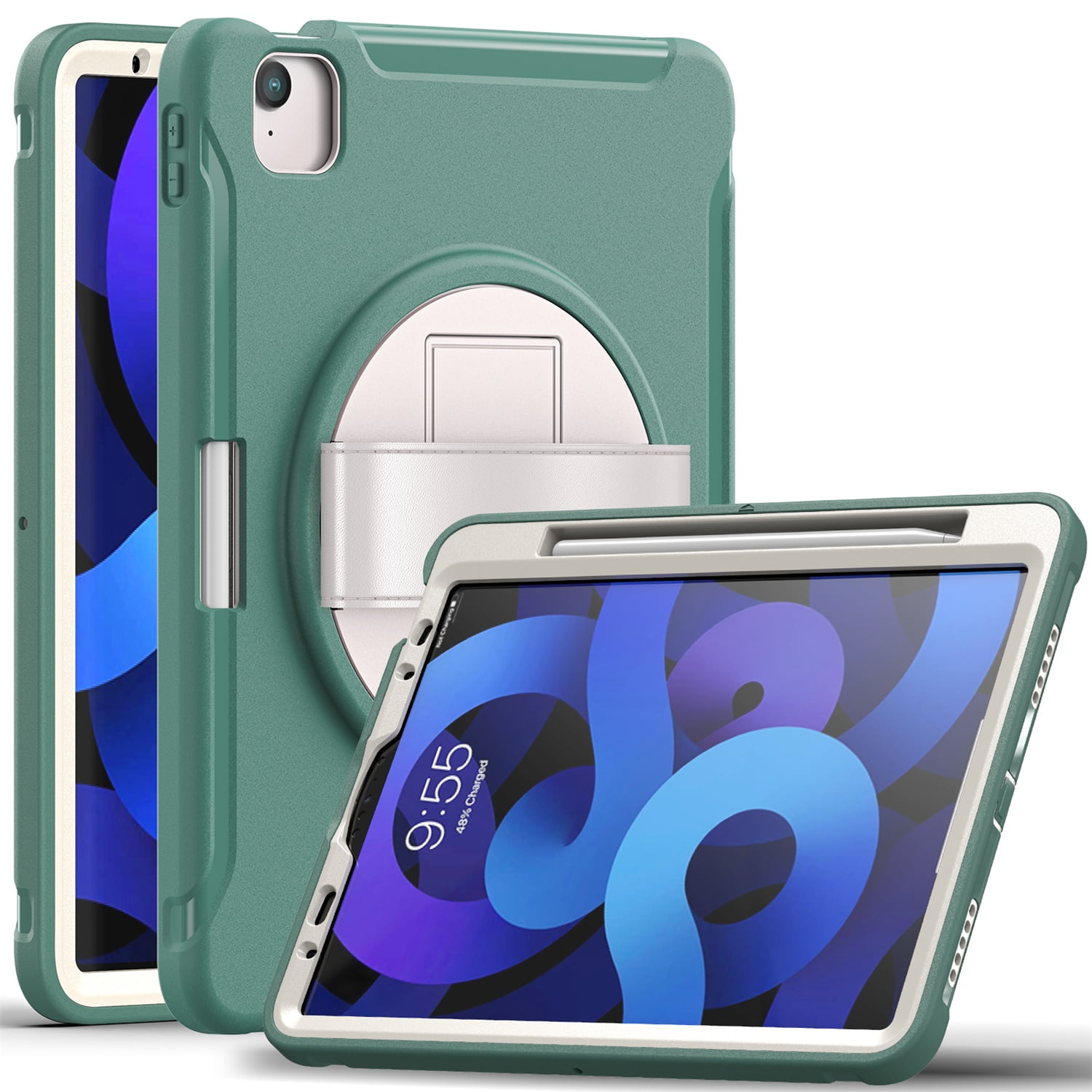 SaniMore for Apple iPad Air 11 2024 Case, 3 Layers Multi-Functional Case with Pencil Holder & Hand Strap Multi-Angle Kickstand Shockproof Protective Case for Women Men, Emeraldgreen