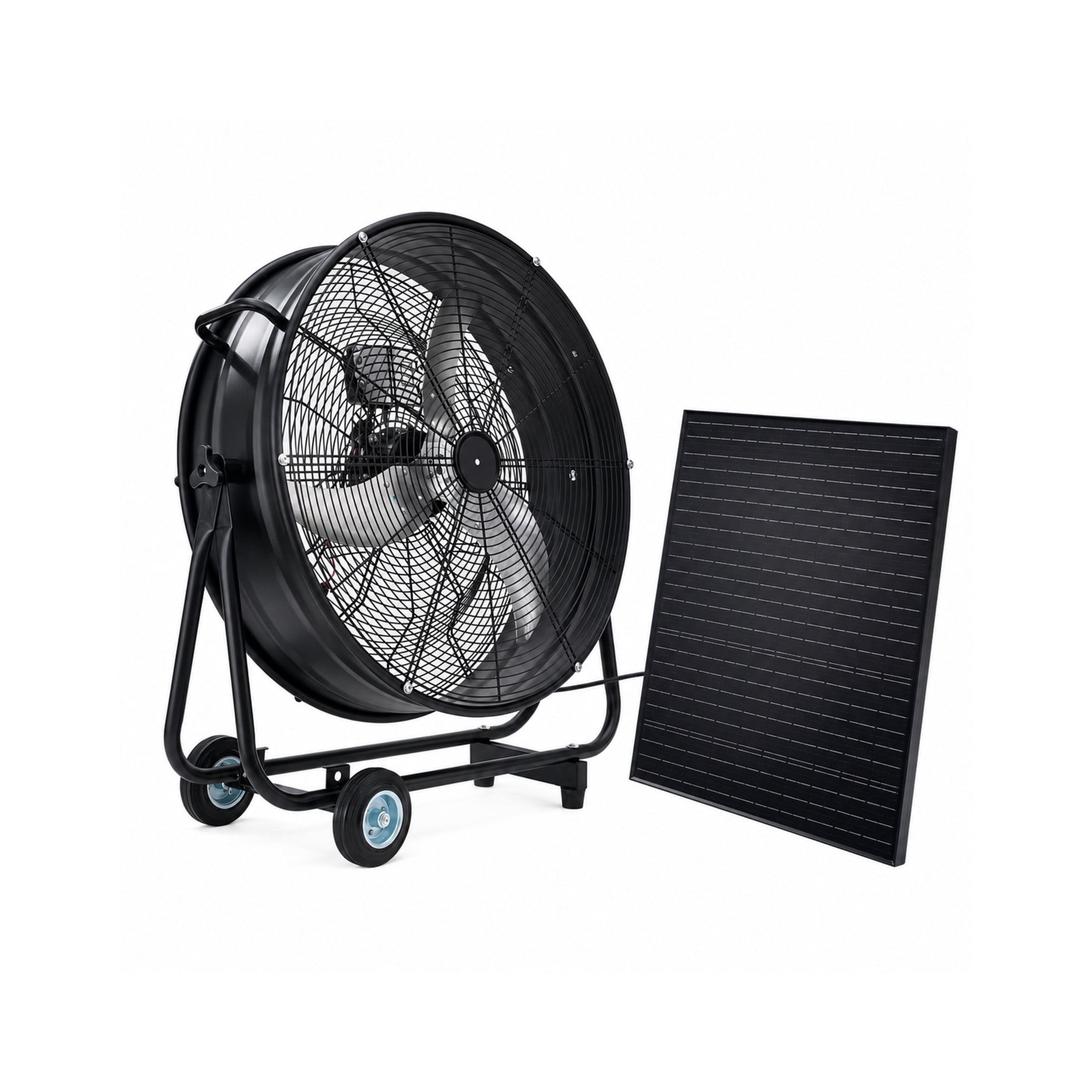Noble House 30" Wheeled Solar Barrel Fan, 140W Adjustable Panel High Airflow Industrial Worksite Ventilator, Black