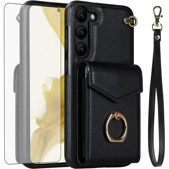 MYKOMI Phone Case for Samsung Galaxy S23 Plus S23  5G Wallet Cover with HD Screen Protector and RFID Blocking Ring Card Holder Cell S23plus 23S   S 23 23  SM-S916U 6.6 inch Women Black
