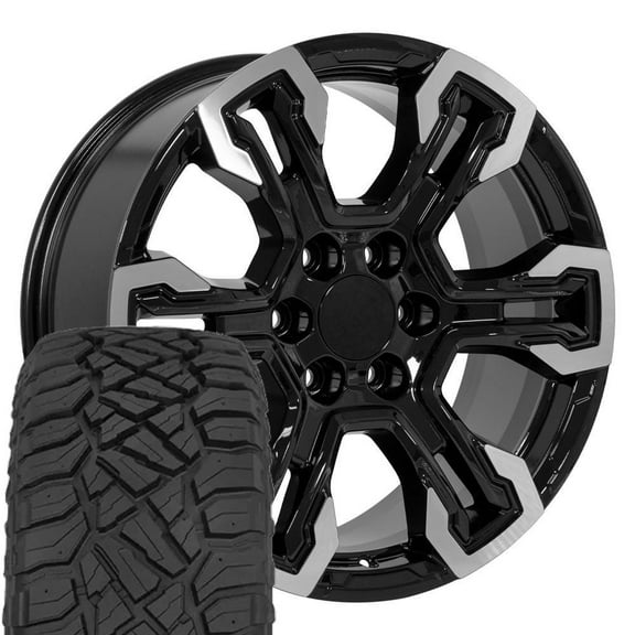 OE Wheels CV65 20 Inch Rims and Tires Fit Silverado 1500 ZR2 Style 6x139.7 20x9 Gloss Black Machined - Hollander 14089 - TerraMax RT 275/55-20 (Set of 4)