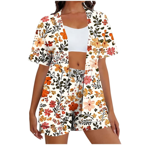 Women's Hawaiian Beach Outfit 2 Piece Tropical Print Swim Cover up Shorts Set Summer Vacation Beachwear