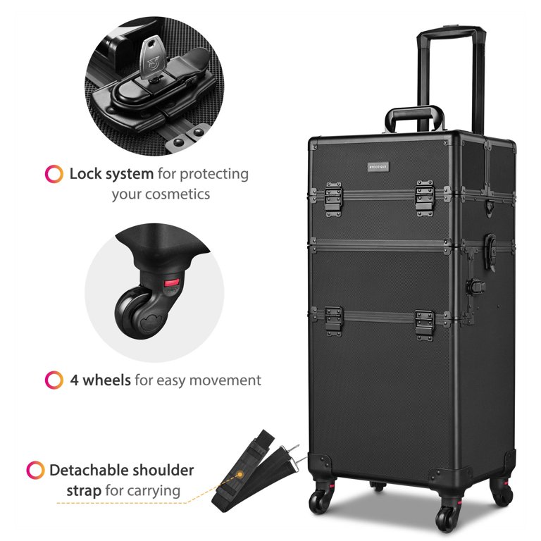 AW 2in1 4 Wheel Pro Aluminum Rolling Makeup Cosmetic Train Case Lockable Box Black