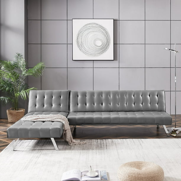 Teamme Sectional Sofa Bed Pu Faux Leather Tufted Sleeper Convertible Sets For Home Office Furniture Small Space Gray Com Teamme Sectional Sofa Bed Pu Faux, Sectional Sleeper Sofa Faux Leather