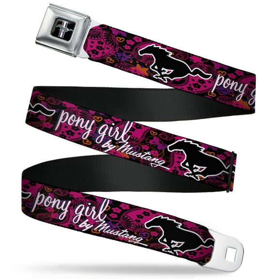 Ford Belt, Seatbelt Buckle Belt, Mustang Pony Girl Floral Collage Black Pinks White, 30 to 44 Inches