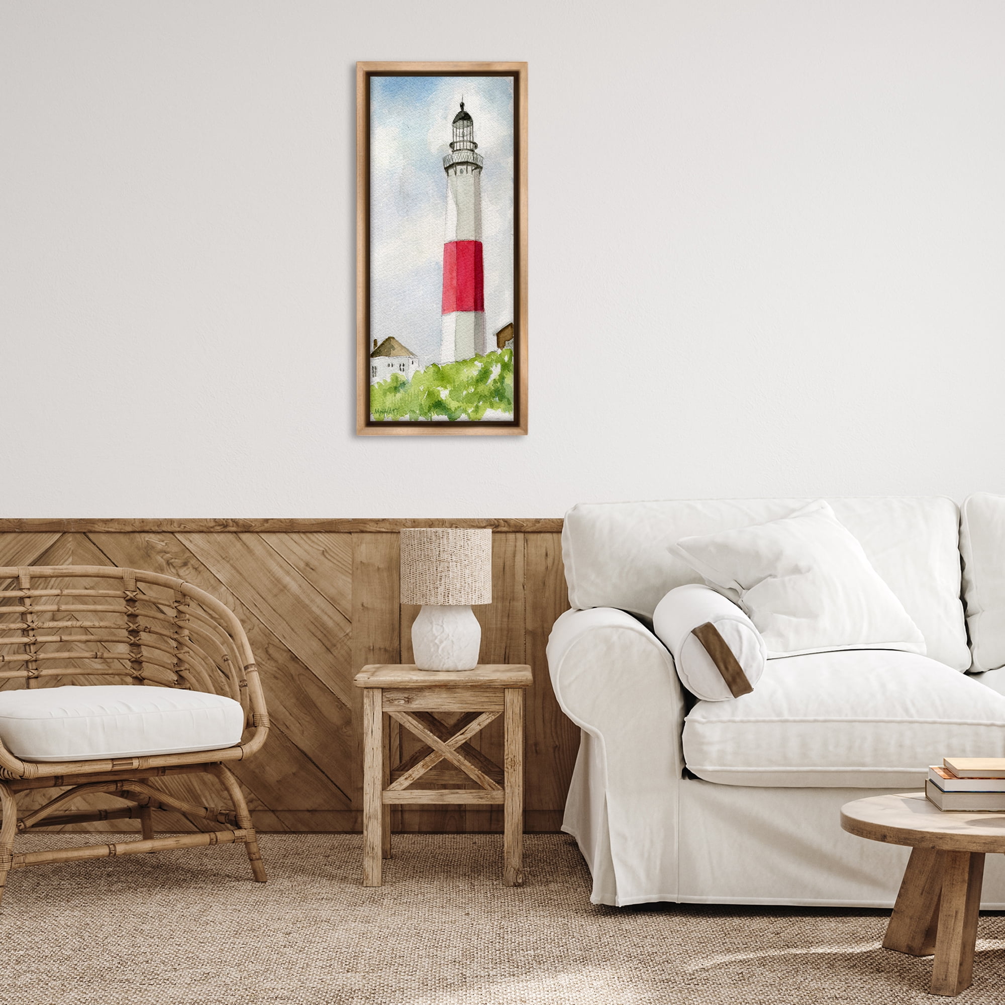 Stupell Industries Montauk Lighthouse View Nautical & Beach Painting Brown Floater Framed Canvas Art Print Wall Art, 14 x 31