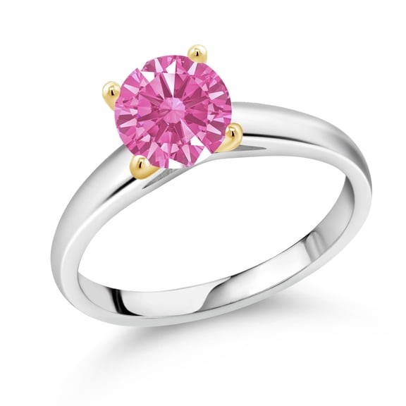 Gem Stone King 925 Silver and 10K Yellow Gold Ring Solitaire Ring Set With 7mm Round Pink Zirconia (Size 5)