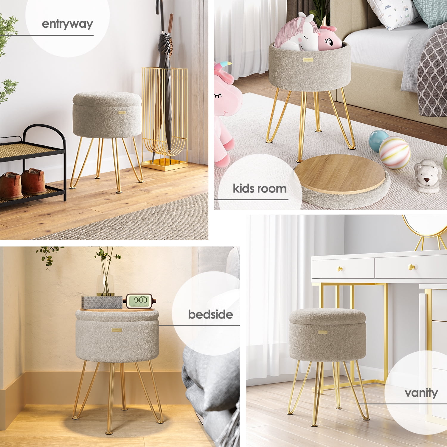 LammaLoe Small Round Ottoman with Storage, Boucle Ottoman Foot Stool with Lid, Upholstered Vanity Stool for Living Room & Bedroom, Beige
