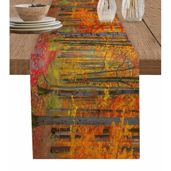 Red Orange Forest Fall Burlap-Cotton Table Runner 72 Inches Long,Thanksgiving Tree Maple Leaf Farmhouse Table Runners,Outdoor Dining Tablecloths Decor for Baby Shower Party Wedding 14x72