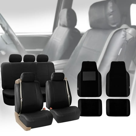 FH Group PU Leather Integrated Seatbelt Seat Covers, Full Set with Black Leather Trimmed Carpet Floor Mats, Black
