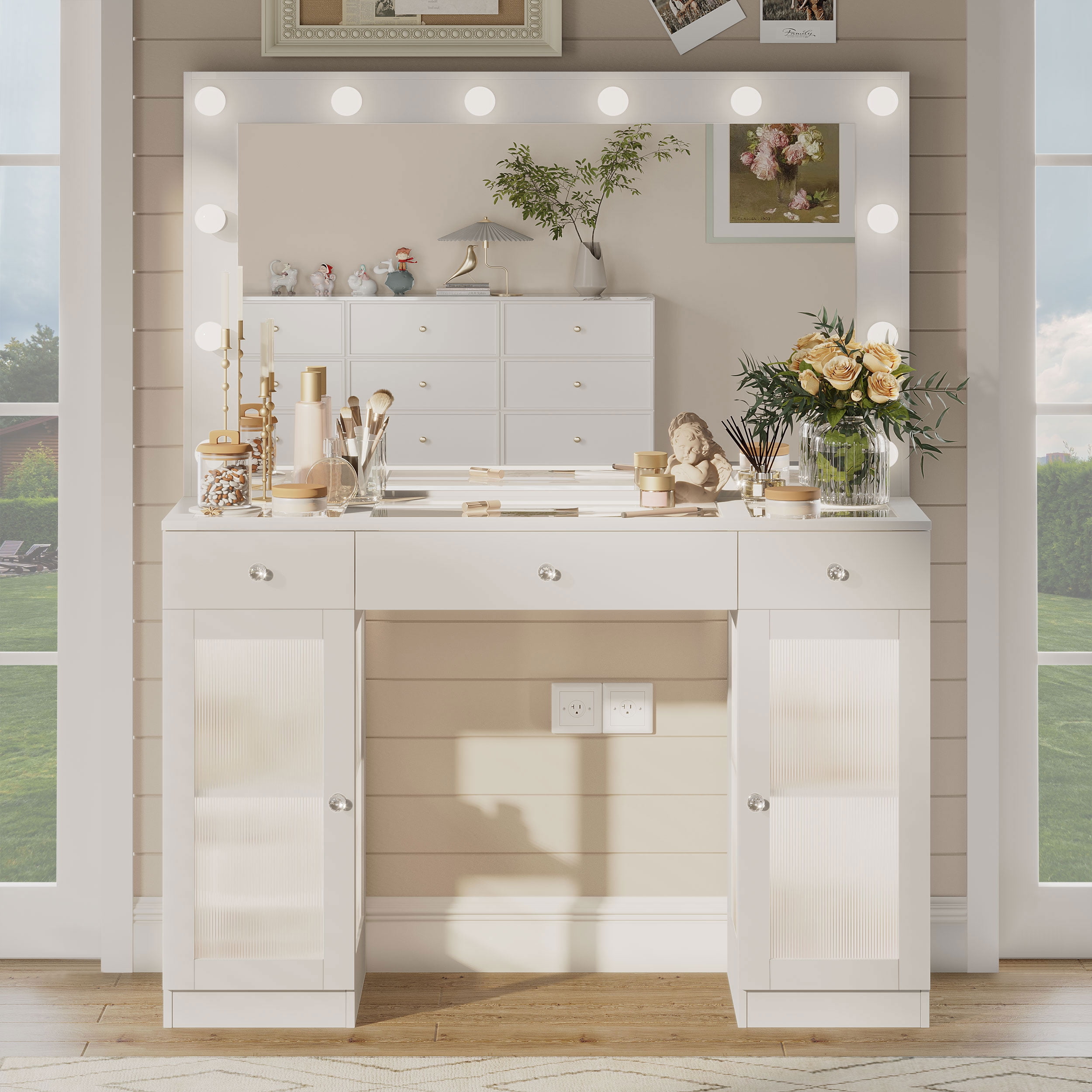 ABOVOBA Makeup Vanity Desk with Large Mirror and Lights,Big Vanity with Power Outlet for Women,White
