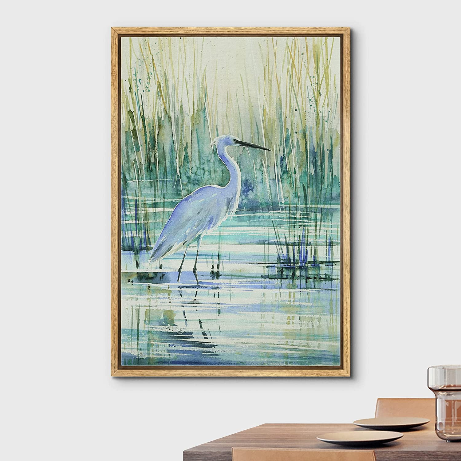 wall26 Framed Canvas Print Wall Art Watercolor Pastel Swamp Crane Bird Nature Wilderness Illustrations Modern Art Decorative Rustic Relax/Calm for Living Room, Bedroom, Office - 16"x24" Nat