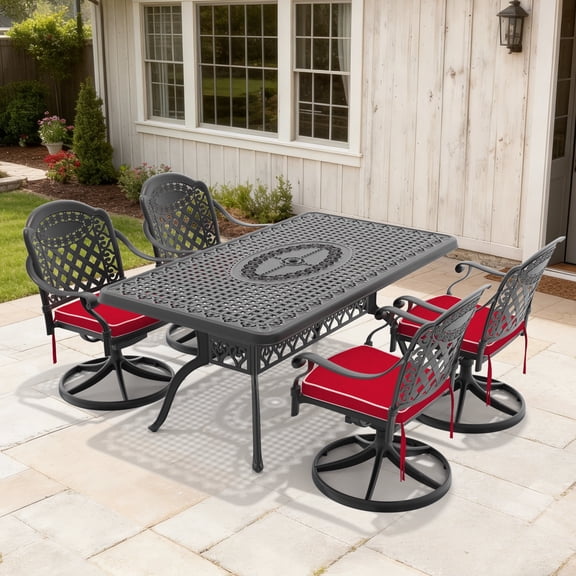 FFZ 5-Piece All-Weather Cast Aluminum Dining Set with 4 Swivel Chairs and Rectangular Table, Black