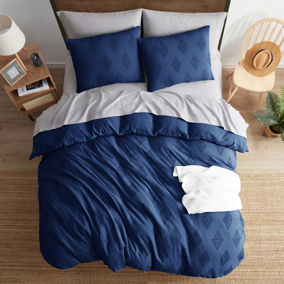 Nestl Boho 3 Piece Duvet Cover Set, Tufted Embroidery Double Brushed Duvet Cover with Button Closure with 2 Pillow Shams, Queen (90"x90") - Navy
