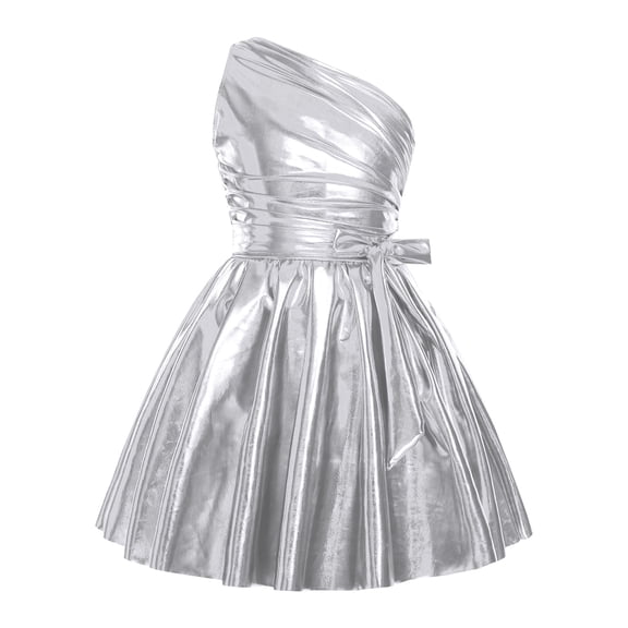 Raenseen Girls Shiny Party Dress With Belt One Shoulder A Line Summer Dress Patent Leather Look Modern Jazz Dance Outfits Silver 12