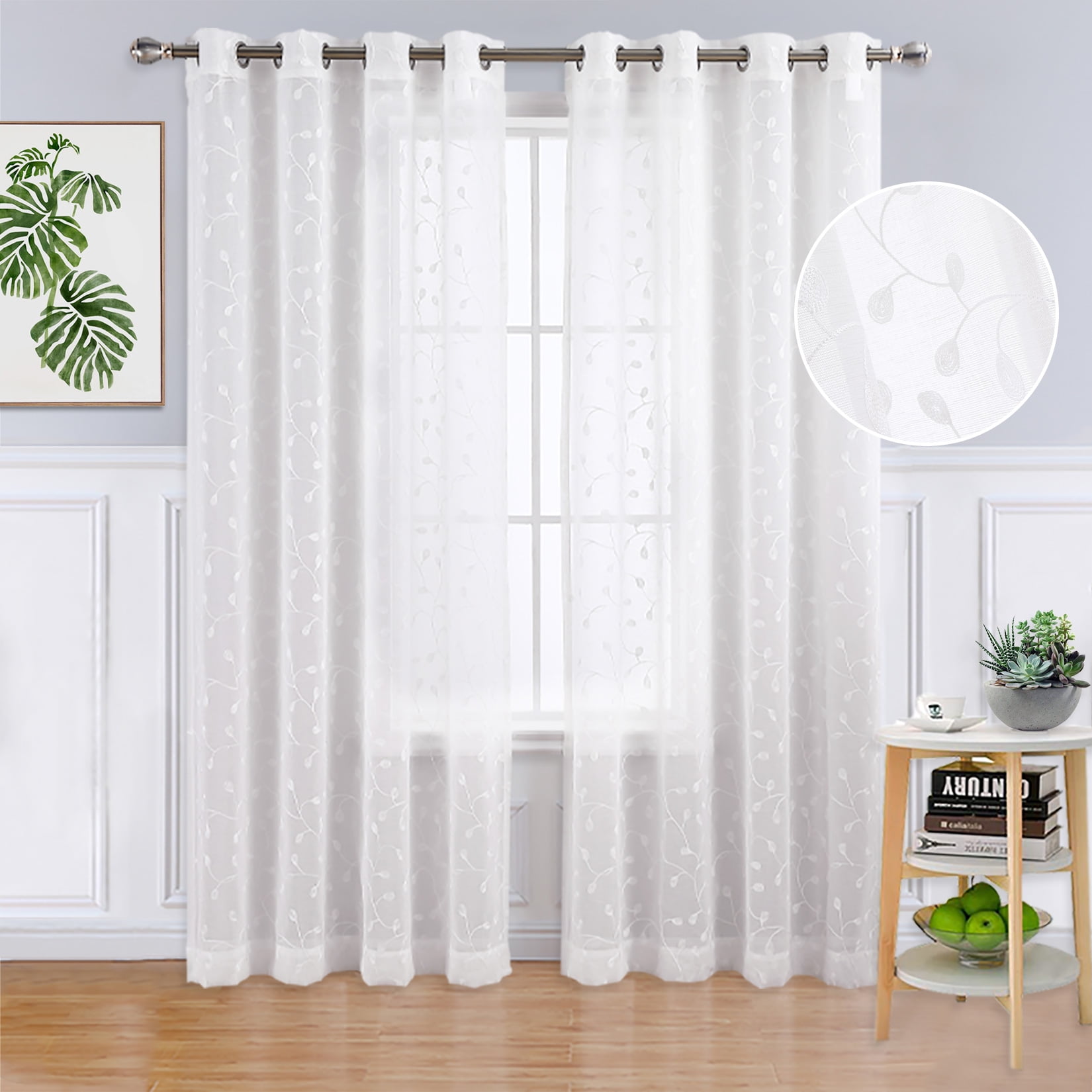 CAROMIO Grommet Top White Leaf Curtains 2 Panels Living Room Window Curtain Embroidered Sheers Semi Transparent 52' x 63'