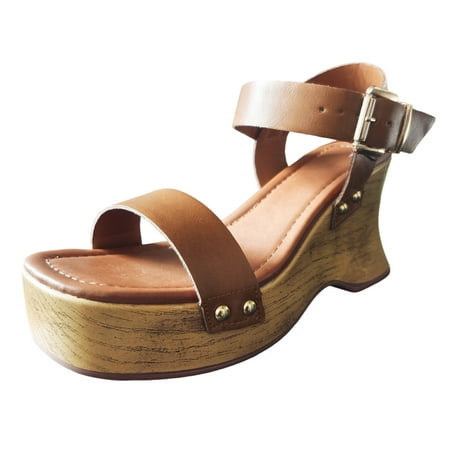

Lace Up Sandals For Women Buckle Strap Solid Open Toe Wedges Beach Shoes Brown 37