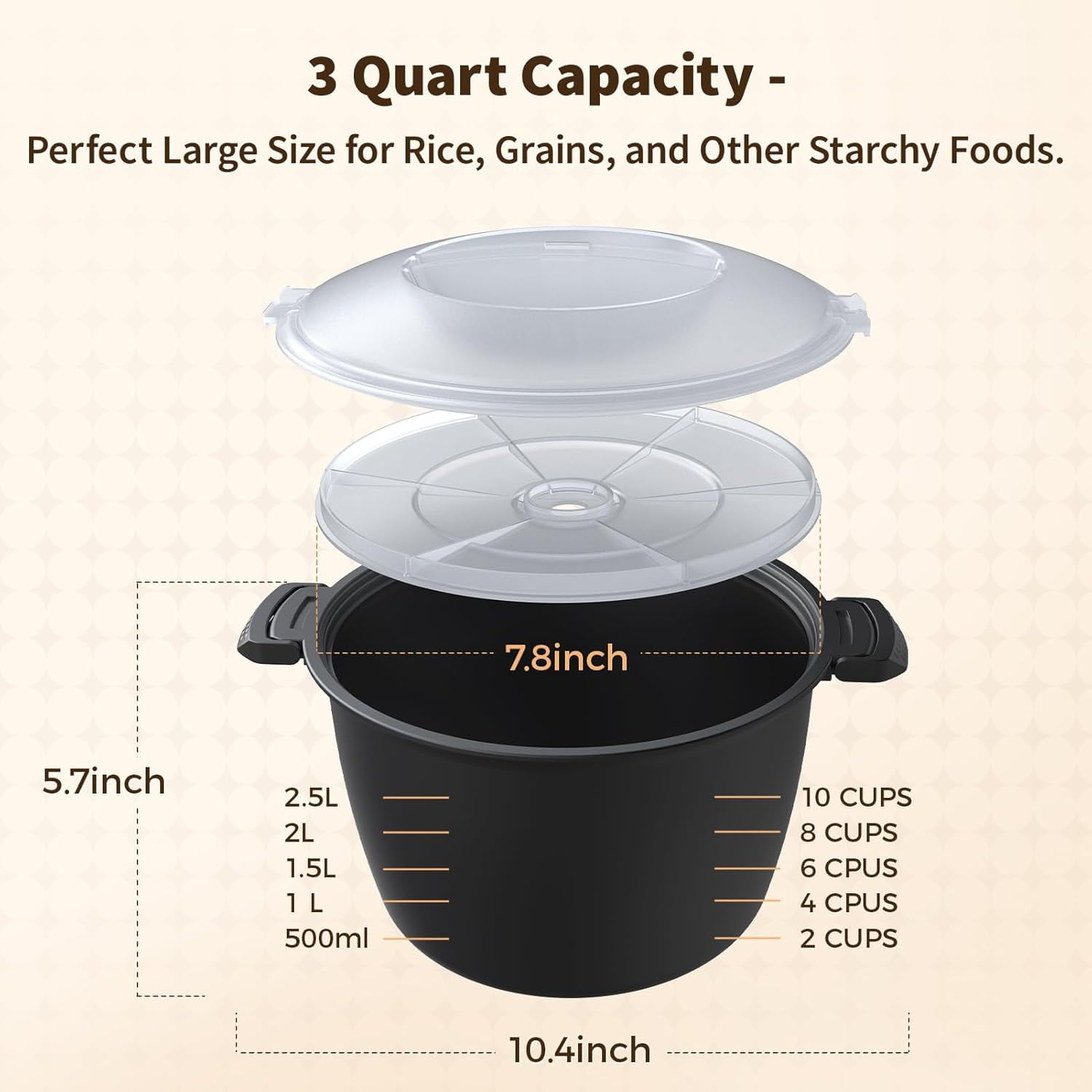 Professional Large  Cookware 3 Quart, Microwave Rice Cooker, Steamer for Vegetables, , Dishwasher Safe