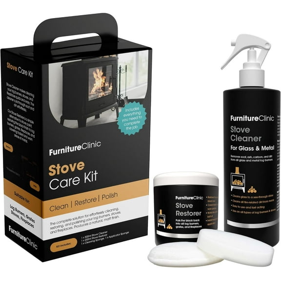 Furniture Clinic Stove Care Kit – Clean & Restore Log Burners, Grates, & Fireplaces | Removes Soot & Dirt | One Bottle Glass & Metal Cleaner   Stove Polish | 500ml / 17 Fl Oz Each Bottle