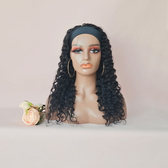 VIYA Water Wave Bundles Wet And Wavy Human Hair Headband Lace Front Wigs 180% Density Natural Black 16 Inch