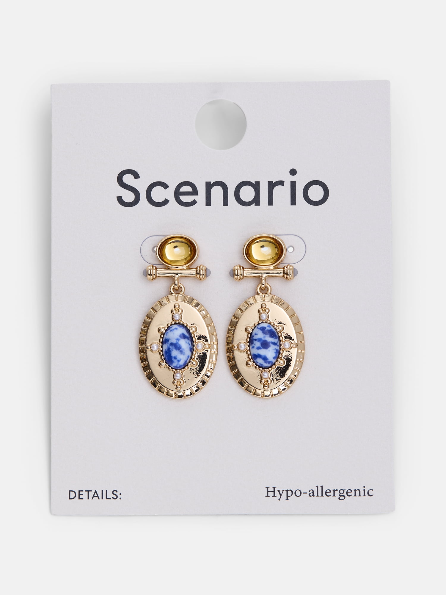 Scenario Women's Gold-Tone Bar Drop Earrings with Oval and Faux Sodalite Stones
