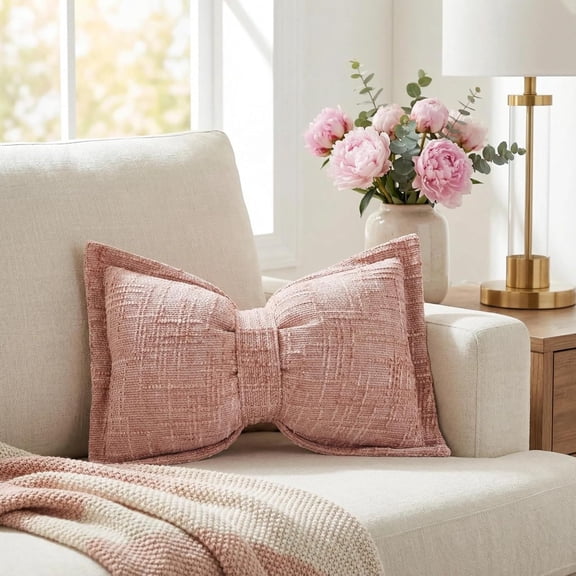 Cute Bow Pillow Bowknot Throw Pillow Soft Chenille Decorative Pillow for Couch Bed Sofa Living Room Bedroom Car Cute Bow Shaped Cushion Home Decor (Pink)