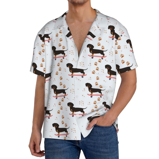 Balery Dachshund Dog Camisa Casual de Manga Corta con Botones para Hombre, Texturizada, Estilo Cubano, para Playa, Verano-Medium