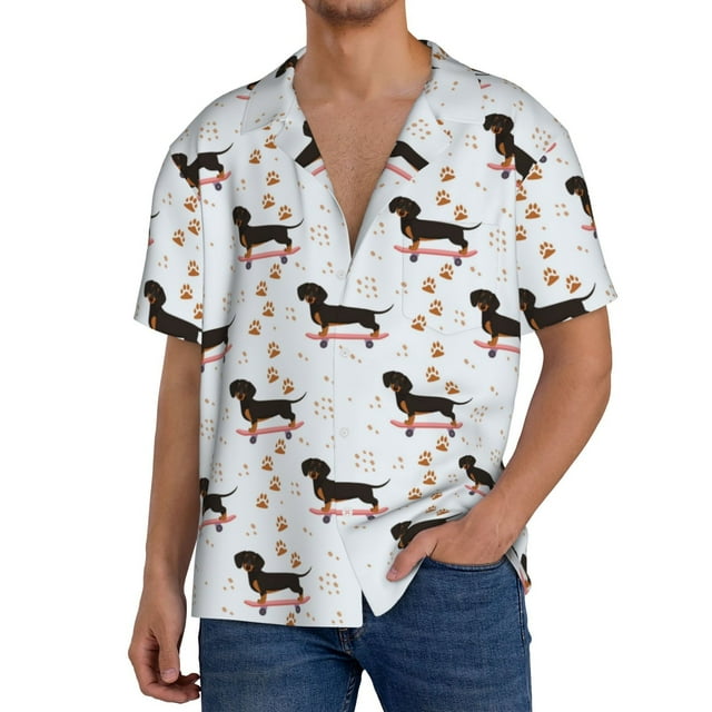 Balery Dachshund Dog Camisa Casual de Manga Corta con Botones para Hombre, Texturizada, Estilo Cubano, para Playa, Verano-Large