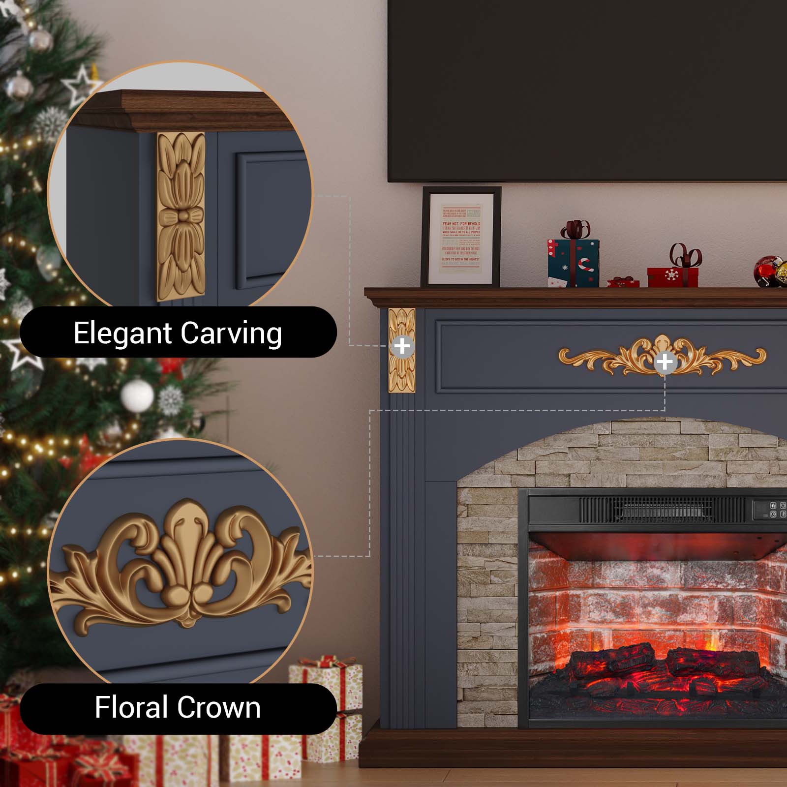 BOSHIRO 44 Inch Electric Fireplace with Mantel, Blue Wooden Surround with Gold Accents, 23" Red Brick Insert, Remote & Touch Control, Heats 400 Sq Ft