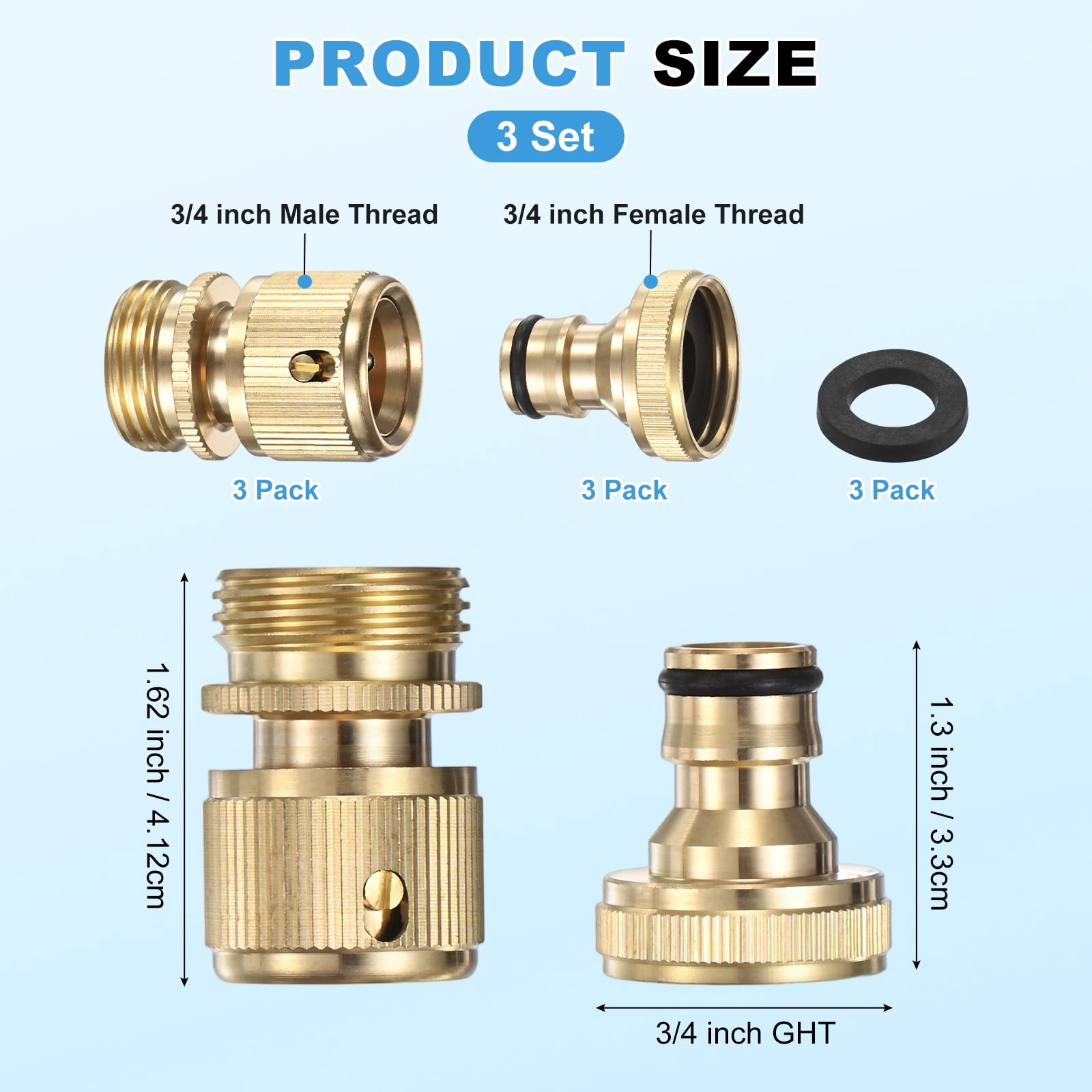 3 Sets Garden Hose Quick-Connect, 3/4 Inch GHT Solid Brass Water Hose Fitting