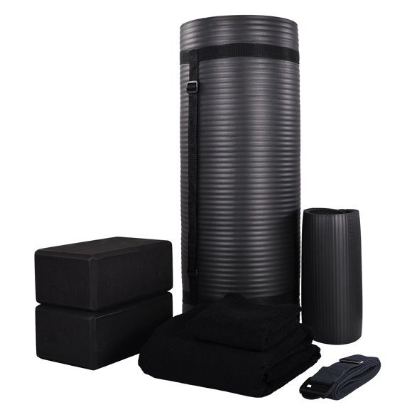 BalanceFrom Complete 7-Piece Yoga Set with 71” x 24” x 1” Extra Thick Mat, Black