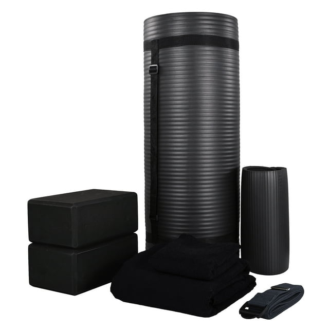 BalanceFrom Complete 7-Piece Yoga Set with 71” x 24” x 1” Extra Thick Mat, Black