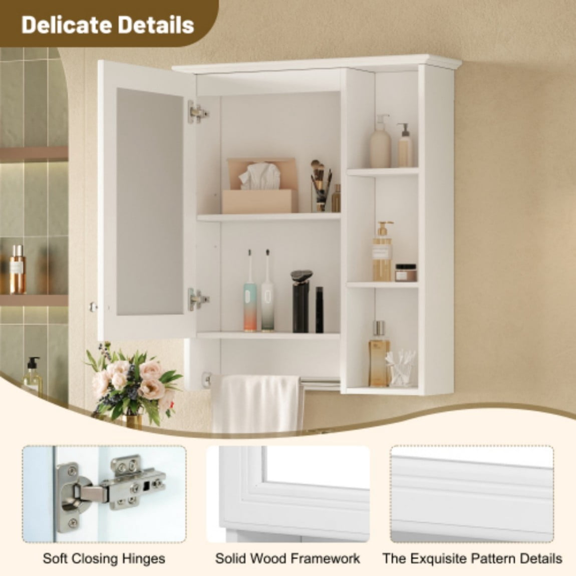 24" Wall Mounted Medicine Cabinet with Mirror, Bathroom Storage Cabinet with Adjustable Shelf, Soft Close Door & Towel Bar, Modern Over Toilet Organizer, White