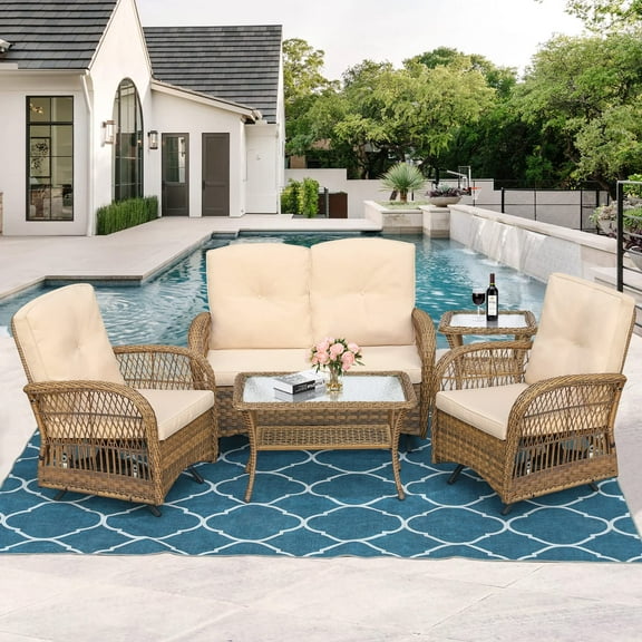 MEETWARM 5 Pieces Outdoor Wicker Patio Conversation Sets with Glider Loveseat, 2 Chairs with 2 Glass-Top Coffee Table Wicker Rocking Glider Set, Wicker Conversation Set with Thickened Cushions, Beige