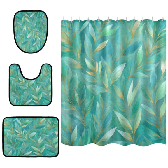 Shower Curtain and Rug Sets 4pcs Bathroom Sets Includes 12 Free Hooks 66" x 72" Gold Teal Leaves