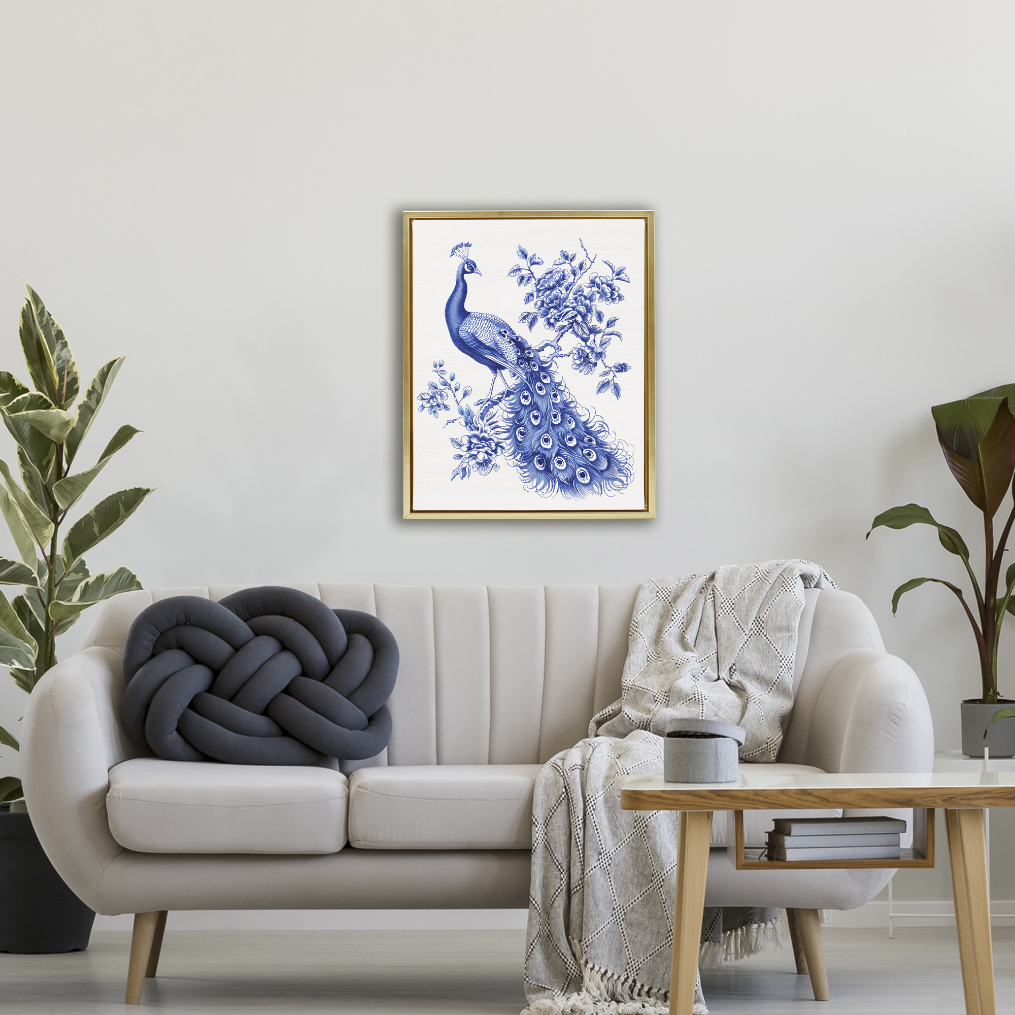 Vintage Peacock in Toile Style Gold Framed Floater Canvas Wall Art, design by Lettered and Lined